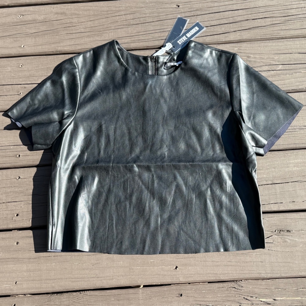 Steve Madden Black Short Sleeve Faux Leather Top - Size S - NWT